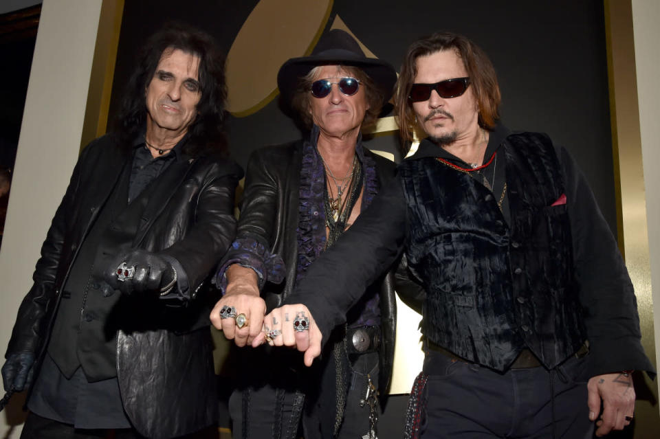 Alice Cooper, Joe Perry, and Johnny Depp at the 2016 Grammy Awards