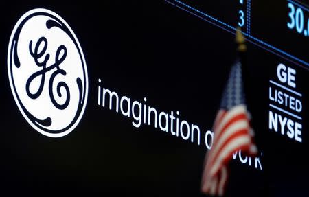 FILE PHOTO: The ticker and logo for General Electric Co. is displayed on a screen at the post where it's traded on the floor of the New York Stock Exchange (NYSE) in New York City, U.S., June 30, 2016. REUTERS/Brendan McDermid/File Photo