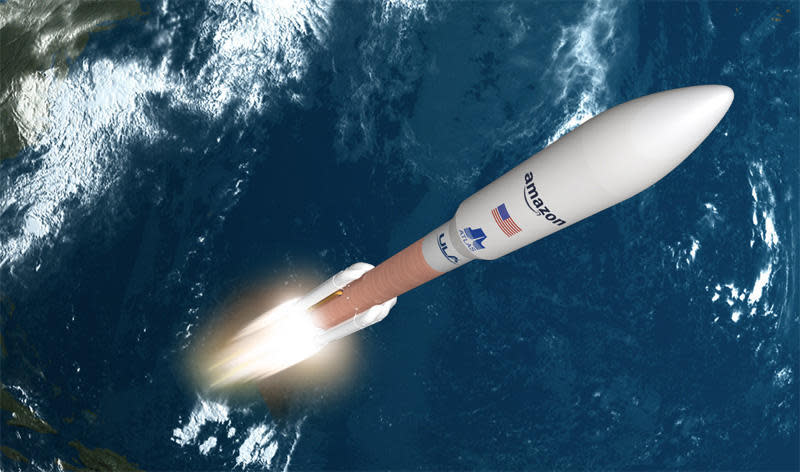 An artist's impression of a United Launch Alliance Atlas 5 taking off carrying a batch of Amazon's Kuiper internet relay satellites. ULA announced Monday that Amazon has secured nine Atlas 5 flights for the Kuiper initiative. / Credit: United Launch Alliance
