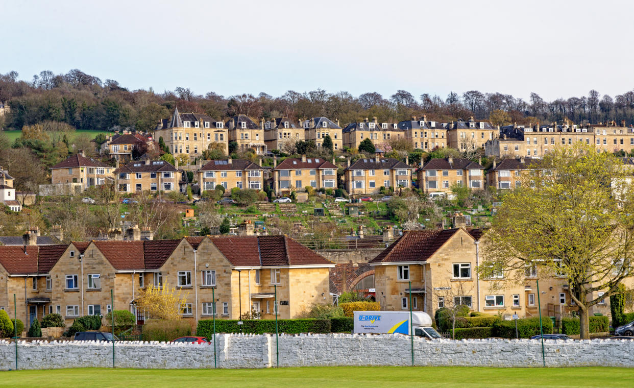 Terraced houses on Bathwick hill in Bath city, Somerset, England 