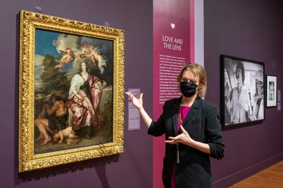 Curator Claire C. Whitner talks about Sir Anthony van Dyck's "Venetia, Lady Digby," one of the works in exhibit "Love Stories from the National Portrait Gallery, London" at the Worcester Art Museum early last month.