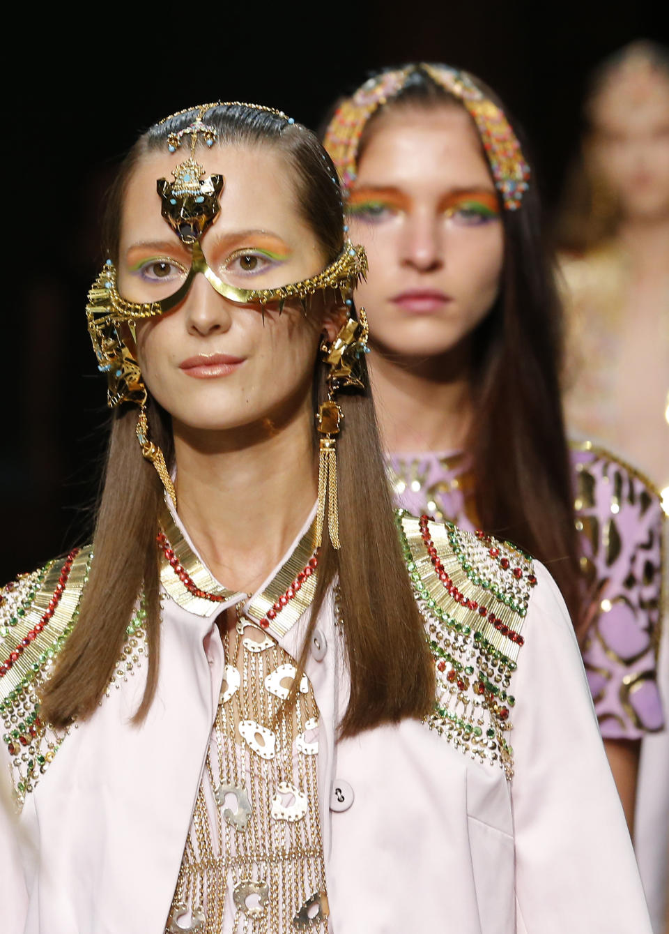 A model wears a creation for Indian fashion designer Manish Arora's ready to wear Spring-Summer 2013 collection, presented in Paris, Thursday, Sept.27, 2012. (AP Photo/Jacques Brinon)