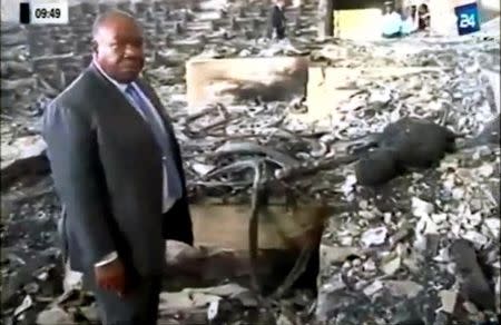 A still image from video of Gabon's President Ali Bongo visiting the national assembly a day after demonstrators opposed to his re-election set fire to the parliament building in Libreville, Gabon, September 2, 2016. GABON 24 TV/Handout via Reuters