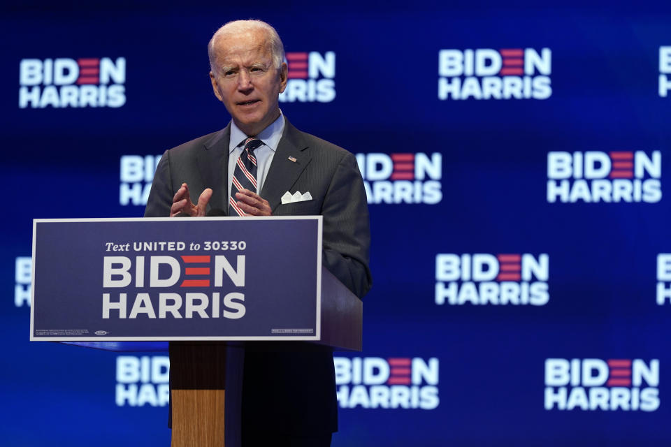 Democratic presidential candidate former Vice President Joe Biden speaks after participating in a coronavirus vaccine briefing with public health experts, Wednesday, Sept. 16, 2020, in Wilmington, Del. (AP Photo/Patrick Semansky)