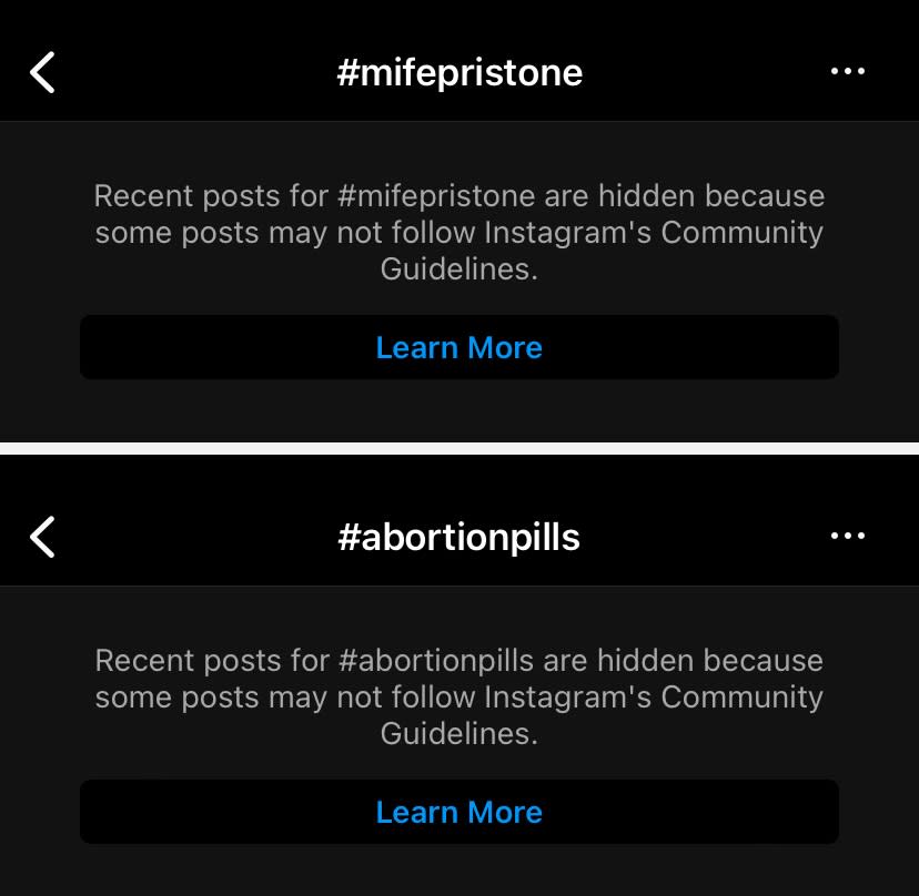 Instagram has appended these warnings to the searches of certain hashtags related to abortion pills. (Instagram)