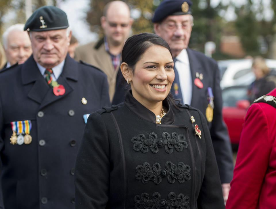 Priti Patel during the annual service of remembrance at Witham War Memorial in Essex. (Photo by David Mirzeof/PA Images via Getty Images)