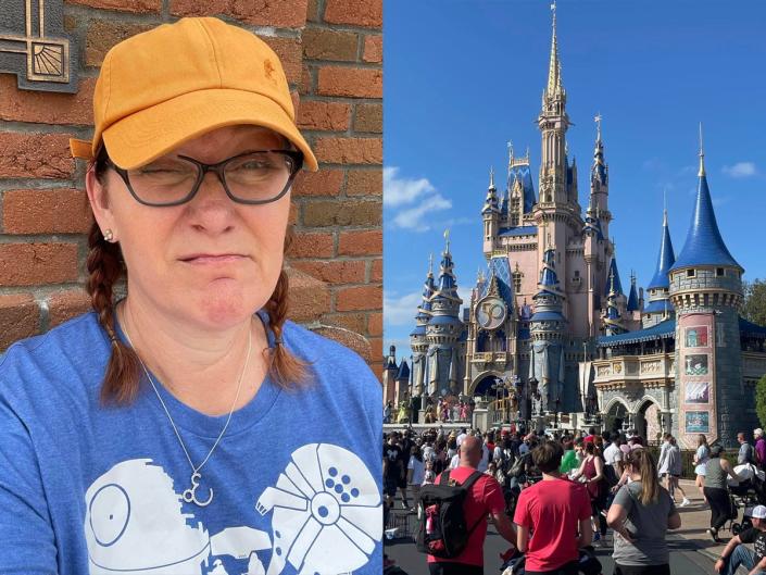 jill posing for a selfie with a disgruntled face and a photo of cinderella castle at disney world