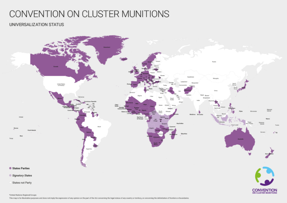 至目前為止，共有123個國家或地區加入《集束彈藥公約》。（圖／The Convention on Cluster Munitions）