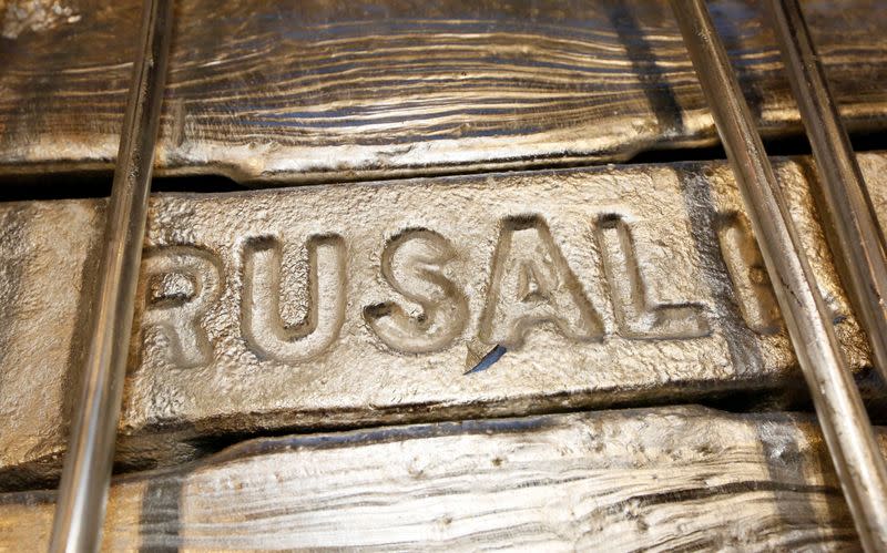 FILE PHOTO: Aluminium ingots are seen stored at the foundry shop of the Rusal Krasnoyarsk aluminium smelter in Krasnoyarsk