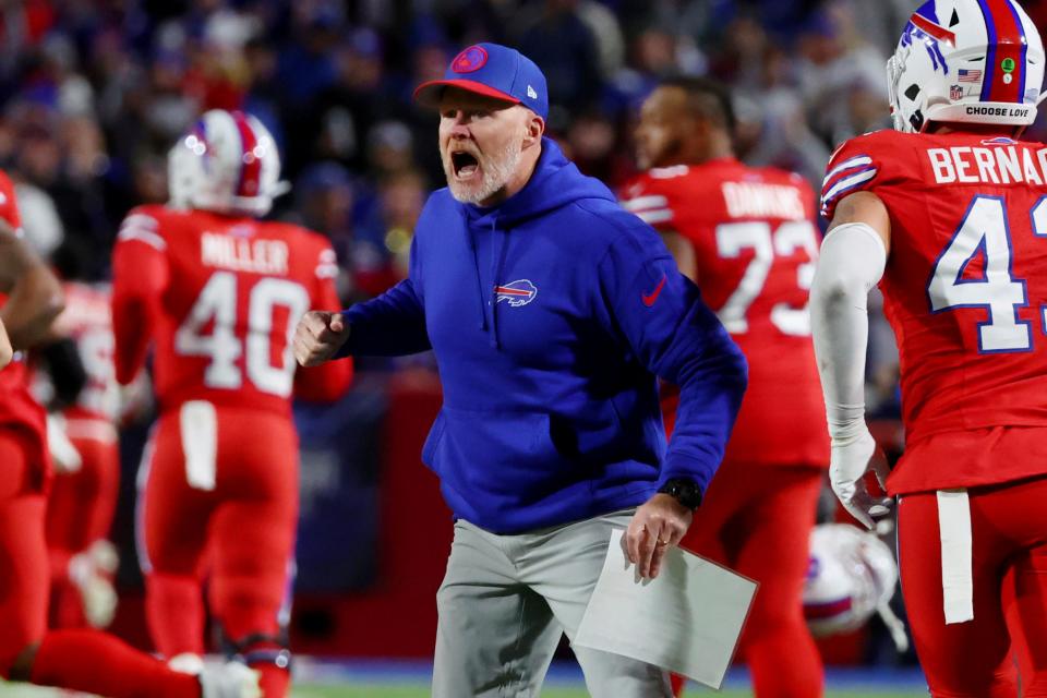 Buffalo Bills head coach Sean McDermott cheers on his players at the end of the first half of an NFL football game against the New York Giants in Orchard Park, N.Y., Sunday Oct. 15, 2023. (AP Photo/ Jeffrey T. Barnes)