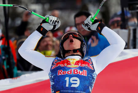 Alpine Skiing - FIS Alpine Skiing World Cup - Men's Alpine Downhill - Kitzbuehel, Austria - January 20, 2018 - Thomas Dressen of Germany reacts. REUTERS/Leonhard Foeger