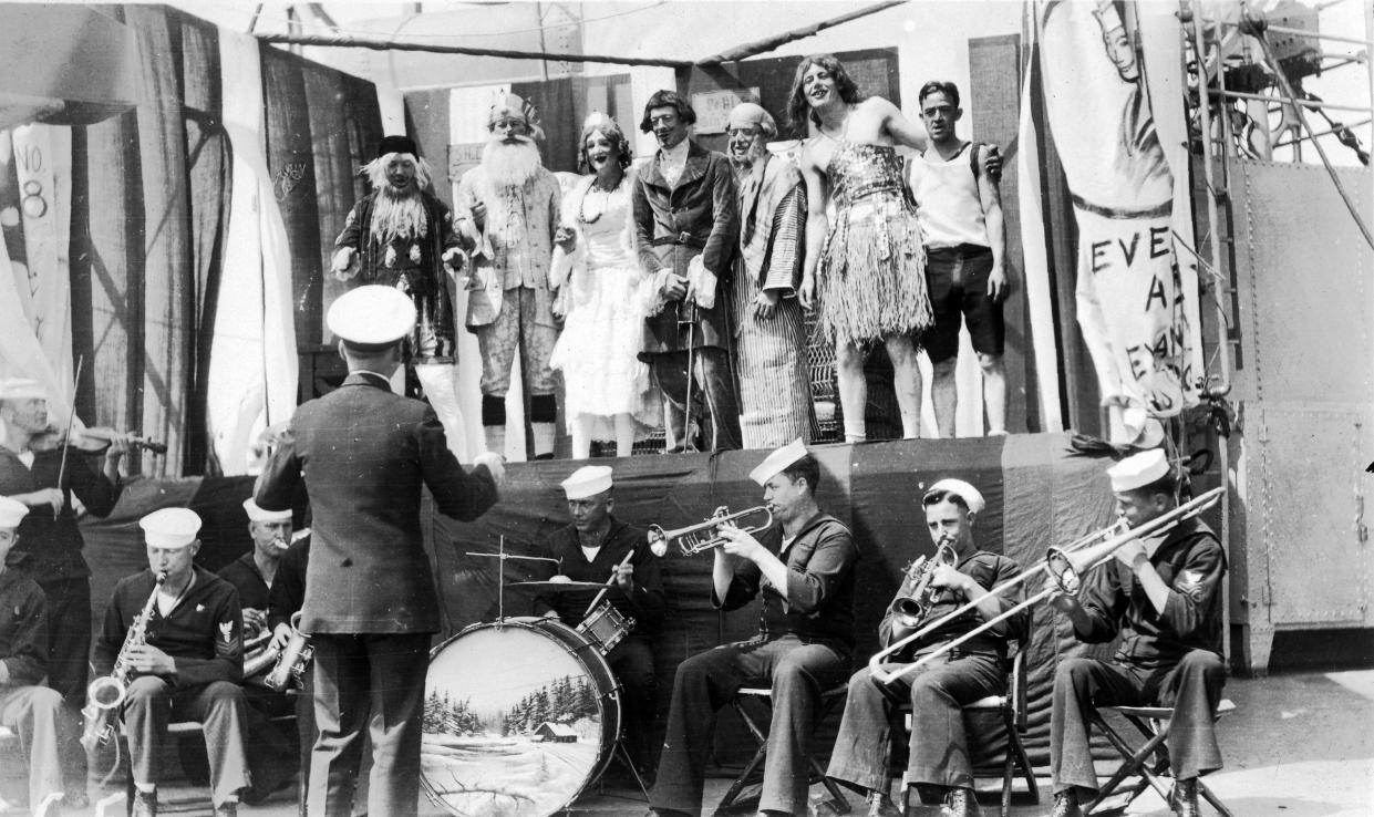 The U.S. Navy launched a pilot recruiting program last year that featured an active duty sailor and drag queen as a digital ambassador. But drag performances in the Navy are nothing new. In this photo, sailors dress up for a "Crossing the Line" ceremony in the 1920s as the U.S.S. Detroit crosses the equator.