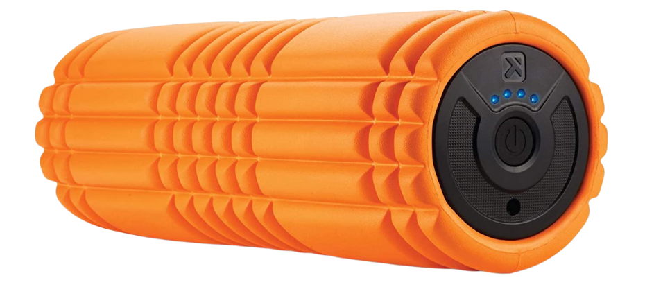 Orange vibrating foam roller shown from the side and 4 blue dots showing a full charge.