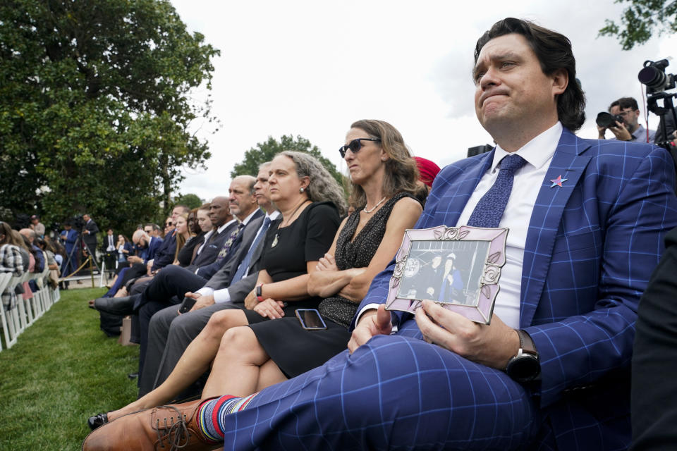 People in the audience listen as President Joe Biden speaks about gun safety on Friday, Sept. 22, 2023, from the Rose Garden of the White House in Washington. (AP Photo/Jacquelyn Martin)