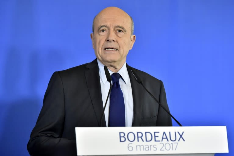 Bordeaux' mayor Alain Juppe speaks during a press conference on March 6, 2017