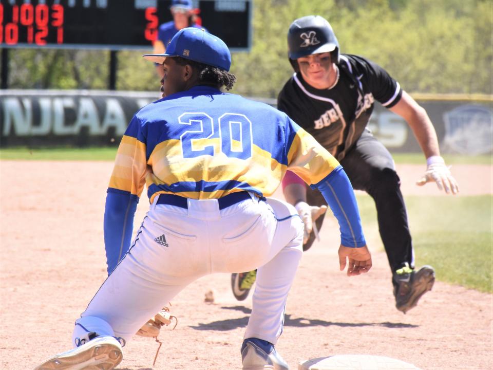 Trey Miller (right), pictured in a May 8 game with the NJCAA champion Herkimer College Generals, had three hits and stole four bases Tuesday for the PGCBL's Oneonta Outlaws.