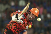 Sunrisers Hyderabad's Travis Head plays a shot during the Indian Premier League cricket match between Royal Challengers Bangaluru and Sunrisers Hyderabad in Bengaluru, India, Monday, April 15, 2024. (AP Photo/Kashif Masood)