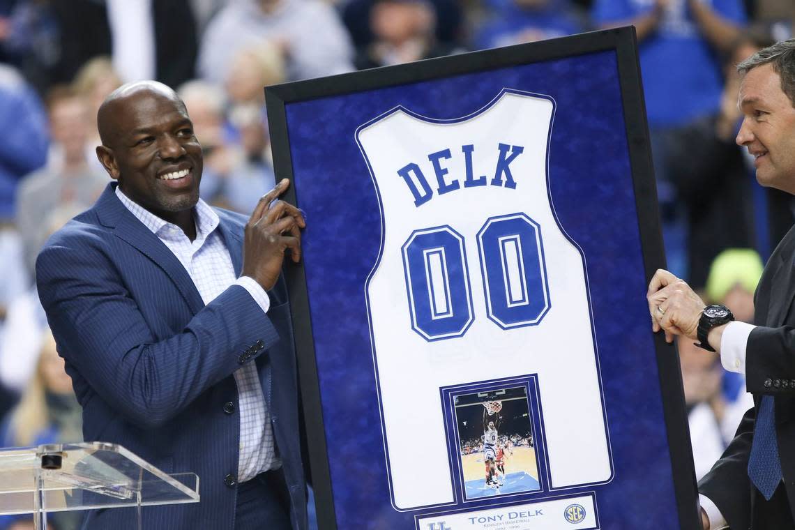 Tony Delk, star of Kentucky’s 1996 NCAA championship team, had his jersey retired by UK and hung in the Rupp Arena rafters in 2015.