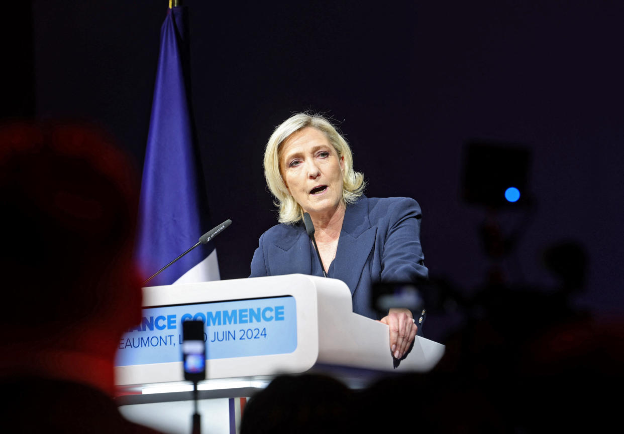 TOPSHOT - Former president of the French far-right Rassemblement National (RN) parliamentary group Marine Le Pen gives a speech during the results evening of the first round of the parliamentary elections in Henin-Beaumont, northern France, on June 30, 2024. A divided France is voting in high-stakes parliamentary elections that could see the anti-immigrant and eurosceptic party of Marine Le Pen sweep to power in a historic first. The candidates formally ended their frantic campaigns at midnight June 28, with political activity banned until the first round of voting. (Photo by FRANCOIS LO PRESTI / AFP) (Photo by FRANCOIS LO PRESTI/AFP via Getty Images)