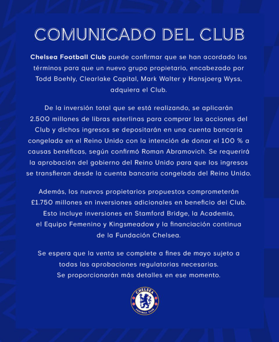 El comunicado oficial del Chelsea para anunciar la venta a Todd Boehly.