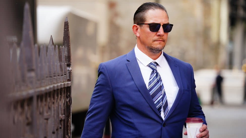 Metropolitan Police constable Perry Lathwood arriving at City Of London Magistrates' Court