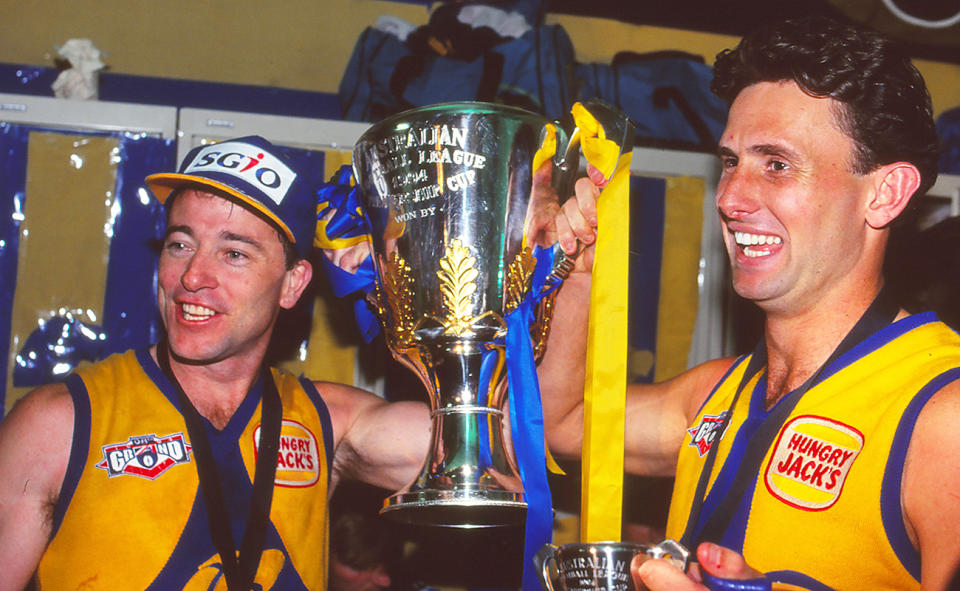 David Hart and Brett Heady after the grand final in 1994.