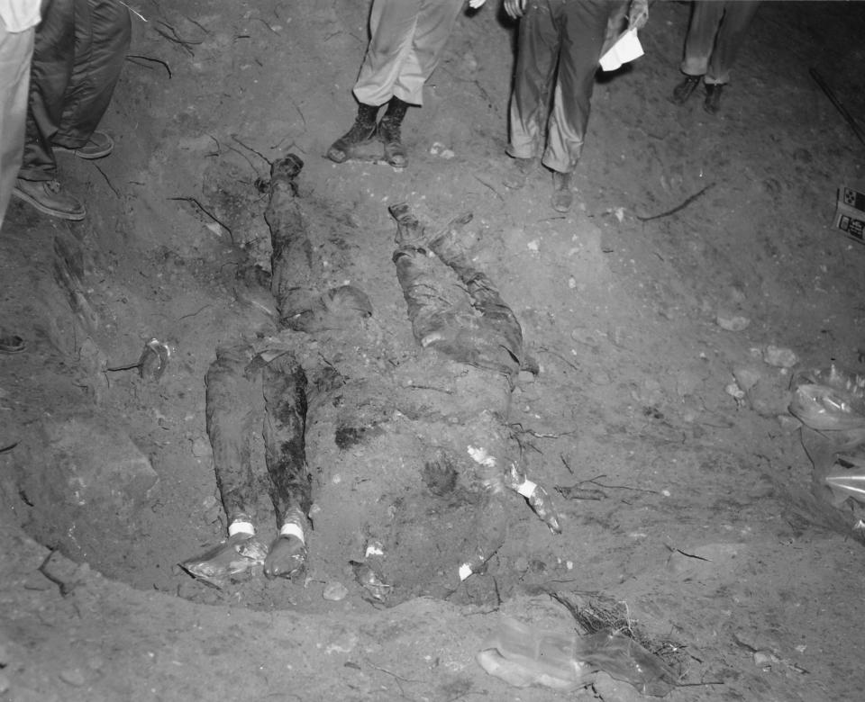 <p>FBI photo shows the bodies of Schwerner, Chaney and Goodman being recovered from an earthen dam just southwest of Philadelphia, Mississippi. This FBI photograph, entered as evidence by the prosecution in the Edgar Ray Killen trial, shows the bodies of Michael Schwerner, James Chaney and Andrew Goodman being recovered from an earthen dam just southwest of Philadelphia, Mississippi on August 4, 1964. Accused Ku Klux Klansman Killen was implicated in the killing of a civil rights worker in testimony from a now-deceased Klansman read in court on June 17, 2005. (Photo: Handout/Reuters) </p>