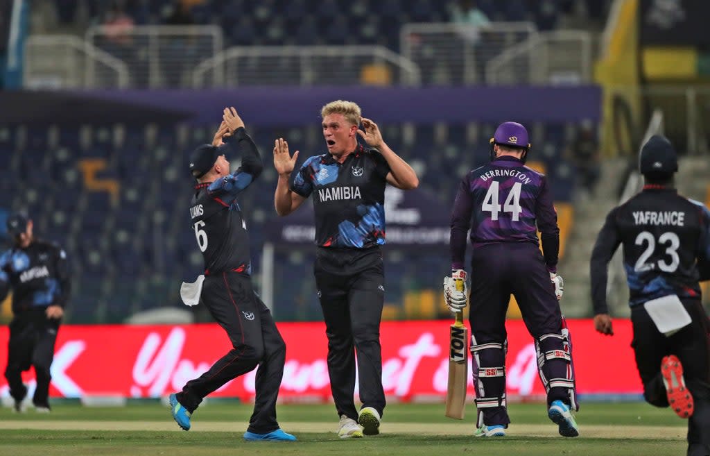 Ruben Trumpelmann,, centre, inspired Namibia to victory over Scotland (Aijaz Rahi/AP) (AP)