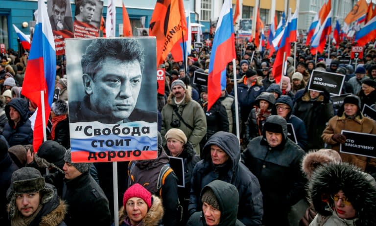 Thousands of Muscovites marched in frigid temperatures in memory of Kremlin critic Boris Nemtsov who was gunned down three years ago, a rare sanctioned opposition gathering ahead of next month's presidential vote