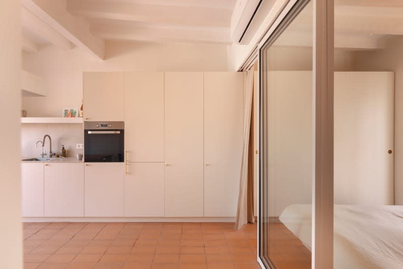 Storage in studio apartment kitchen.