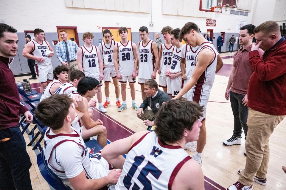 Westborough head coach Brian Willar talks with the Rangers during a timeout during the game against Nashoba Regional at Westborough High, Jan. 19, 2024.