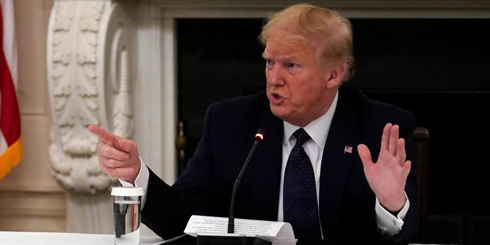 President Donald Trump tells reporters that he is taking zinc and hydroxychloroquine during a meeting with restaurant industry executives about the coronavirus response, in the State Dining Room of the White House, Monday, May 18, 2020, in Washington. (AP Photo/Evan Vucci)