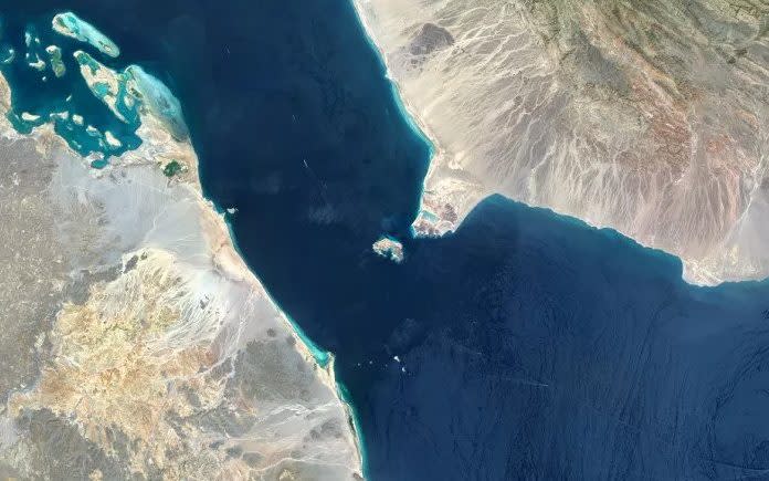 An aerial view of The Bab el-Mandeb Strait is a sea route connecting the Indian Ocean and the Mediterranean Sea via the Suez Canal