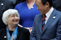 Federal Reserve Chair Janet Yellen (L) and Japanese Finance Minister Taro Aso smile before G-20 family photo during the IMF/World Bank spring meetings in Washington, U.S., April 21, 2017. REUTERS/Yuri Gripas