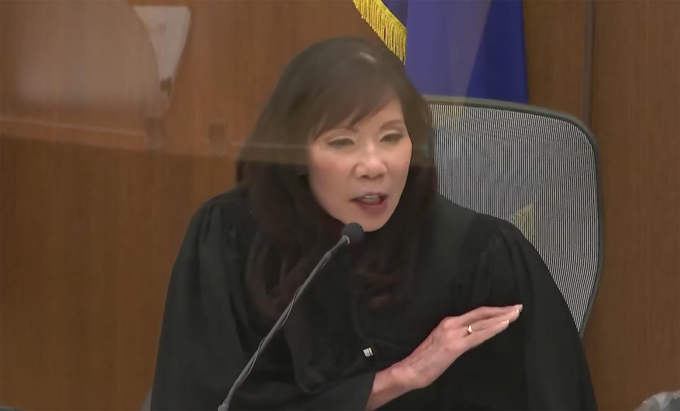 CORRECTS YEAR OF INCIDENT TO 2021 NOT 2020 In this screen grab from video, Hennepin County Judge Regina Chu presides over jury selection Tuesday, Nov. 30, 2021, in the trial of former Brooklyn Center police Officer Kim Potter in the April 11, 2021, death of Daunte Wright, at the Hennepin County Courthouse in Minneapolis, Minn. (Court TV, via AP, Pool)