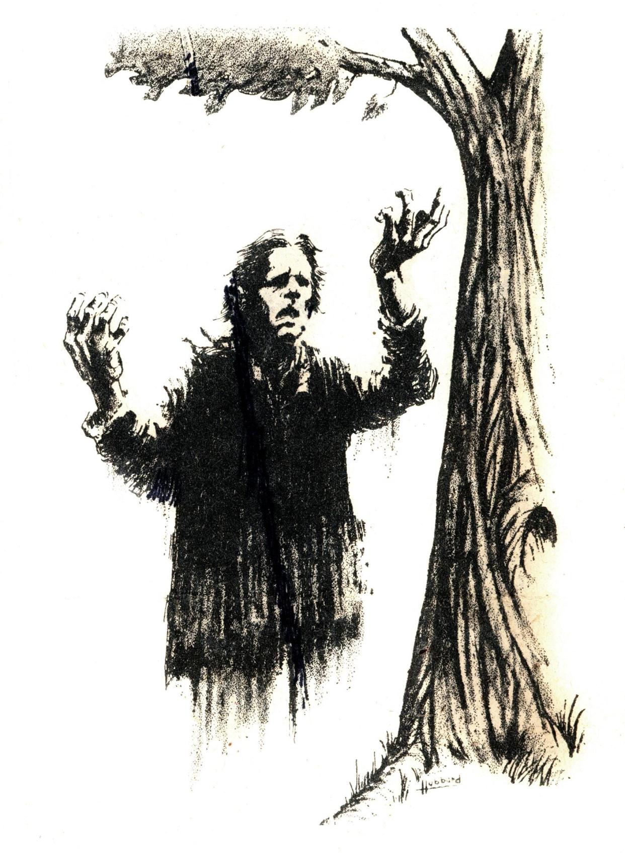 This sketch, made in the 1970s, is an artist's attempt to capture the essence of Old Book, who wailed at every funeral at the former Peoria State Hospital. While grieving, he would often lean on a particular tree — the Graveyard Elm — for support.