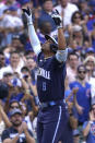 Chicago Cubs' Christopher Morel celebrates after hitting a two-run home run during the sixth inning of a baseball game against the Milwaukee Brewers in Chicago, Friday, Aug. 19, 2022. (AP Photo/Nam Y. Huh)