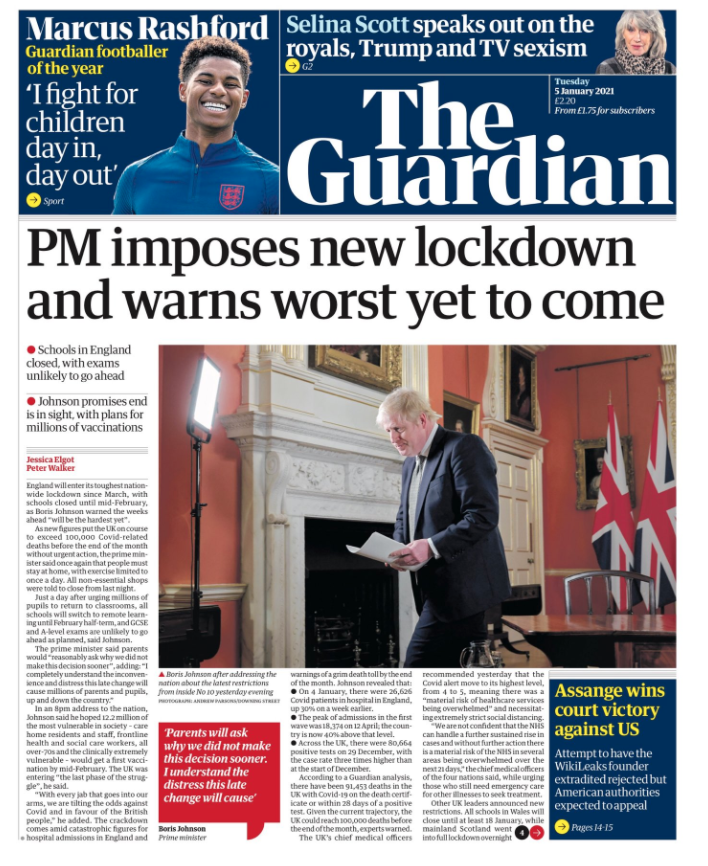 The Guardian's front page says Boris Johnson warned the worst is 'yet to come'.