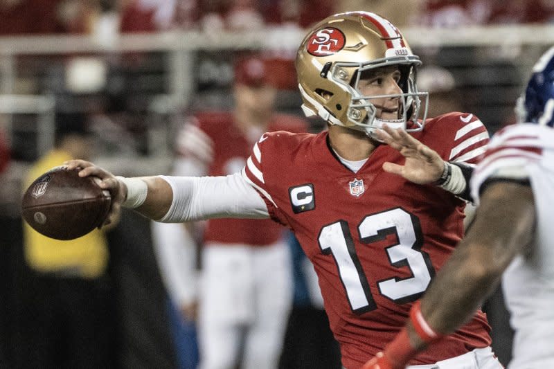 San Francisco 49ers quarterback Brock Purdy throws against the New York Giants on Thursday at Levi's Stadium in Santa Clara, Calif. Photo by Terry Schmitt/UPI