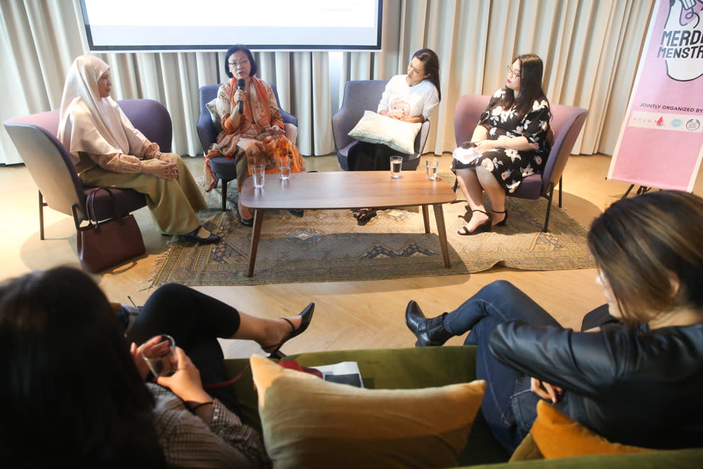 Petaling Jaya MP Maria Chin Abdullah (2nd left) speaks during a panel at Merdeka Menstrual alongside National Population and Family Development Board (LPPKN) head of reproductive health unit Dr Hamizah Mohd Hassan (left) and SPOT Malaysia founder Aishah Hoo (2nd right). — Picture by Choo Choy May