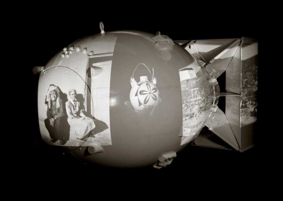 Fatman with Edith and Tilano, 1993 19 x 23”Palladium print with steel frame, Ed 3/10 , 27 1/2 x 32. The exhibition "Critical Mass: Photoworks by Meridel Rubenstein" is now on display at the Amarillo Museum of Art.