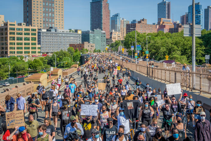 The immense crowd of protesters taking the Manhattan inbound roadway at the march across the Brooklyn Bridge.(Erik McGregor/LightRocket via Getty Images)