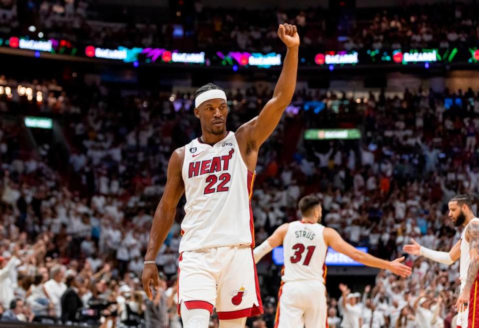 Miami Heat forward Jimmy Butler (22) reacts after his team scored against the New York Knicks in the fourth quarter of Game 4 of the NBA Eastern Conference Semifinals at the Kaseya Center in Miami on Monday, May 8, 2023.