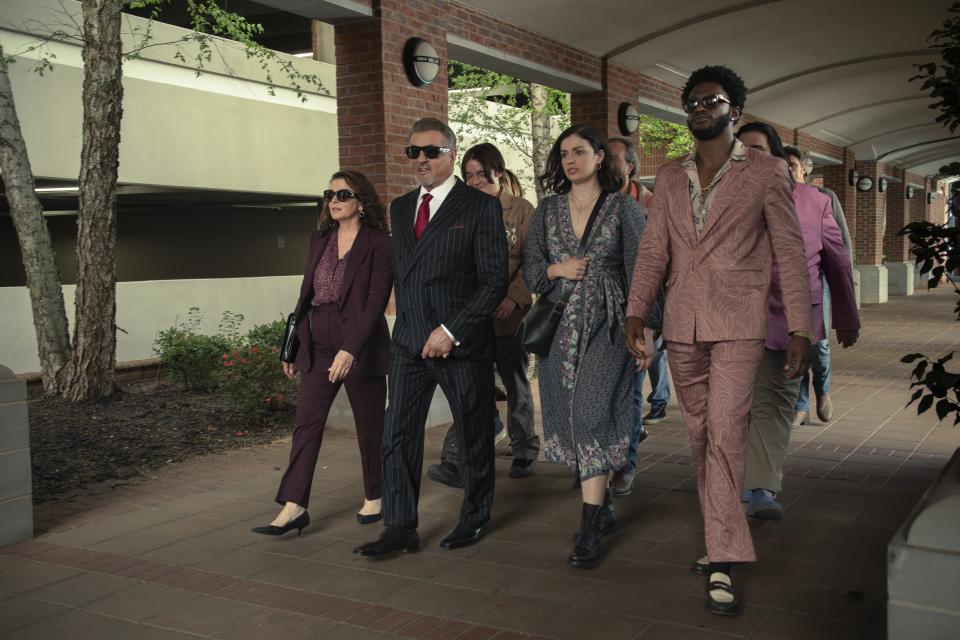 L-R: Annabella Sciorra as Joanne Manfredi, Sylvester Stallone as Dwight "The General" Manfredi, Dashiell Connery as Clint, Tatiana Zappardino as Tina, and Jay Will as Tyson Mitchell, of the Paramount+ original series TULSA KING. Photo Credit: Brian Douglas/Paramount+. © 2024 Viacom International Inc. All Rights Reserved.