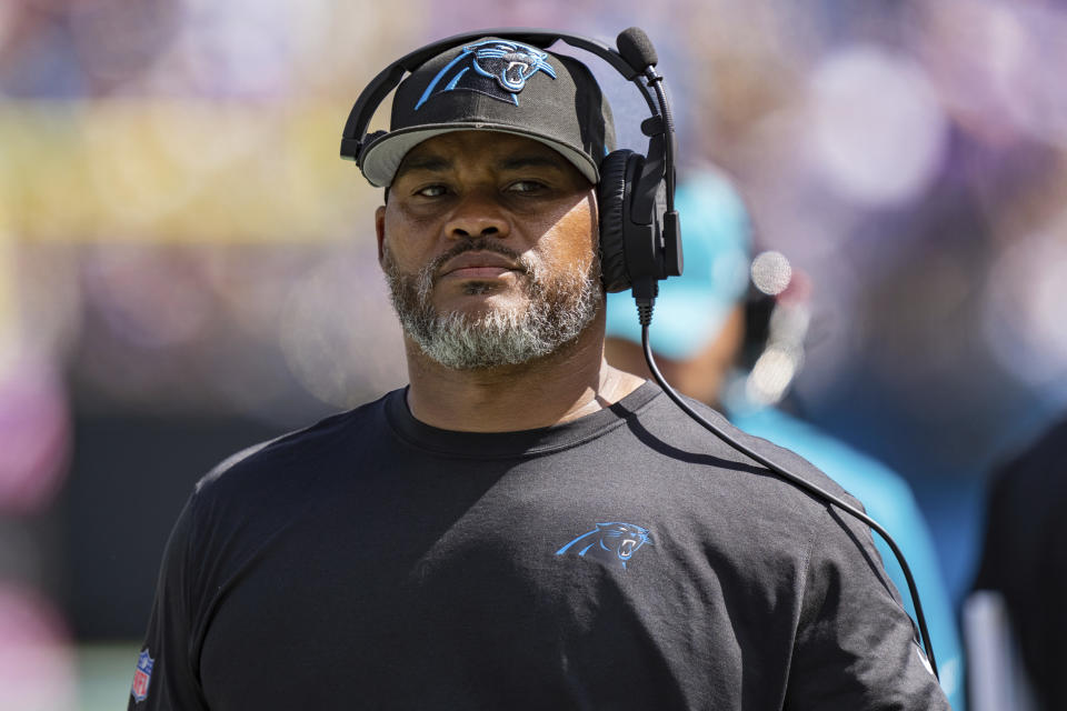 FILE - Duce Staley looks on during an NFL football game between the Carolina Panthers and the Minnesota Vikings Sunday, Oct. 1, 2023, in Charlotte, N.C. The Carolina Panthers fired head coach Frank Reich Monday, Nov. 27, 2023. Special teams coordinator Chris Tabor took over as interim head coach. Tabor’s first move as interim coach was to fire quarterbacks coach Josh McCown and running backs coach Duce Staley, according to a person familiar with the situation. (AP Photo/Jacob Kupferman, File)