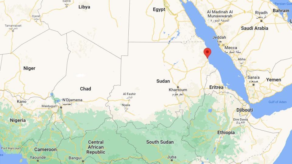 A red marker shows the location of Port Sudan, about 500 miles northeast of Khartoum on Sudan's Red Sea coast. / Credit: Google Maps