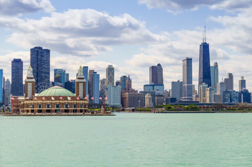 Navy Pier and city skyline with the John Hancock Center from Lake Michigan, Chicago, Illinois, USA