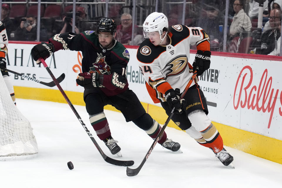 Anaheim Ducks defenseman Jamie Drysdale (34) and Arizona Coyotes defenseman Shayne Gostisbehere vie for the puck in the first period during an NHL hockey game Friday, April 1, 2022, in Glendale, Ariz. (AP Photo/Rick Scuteri)