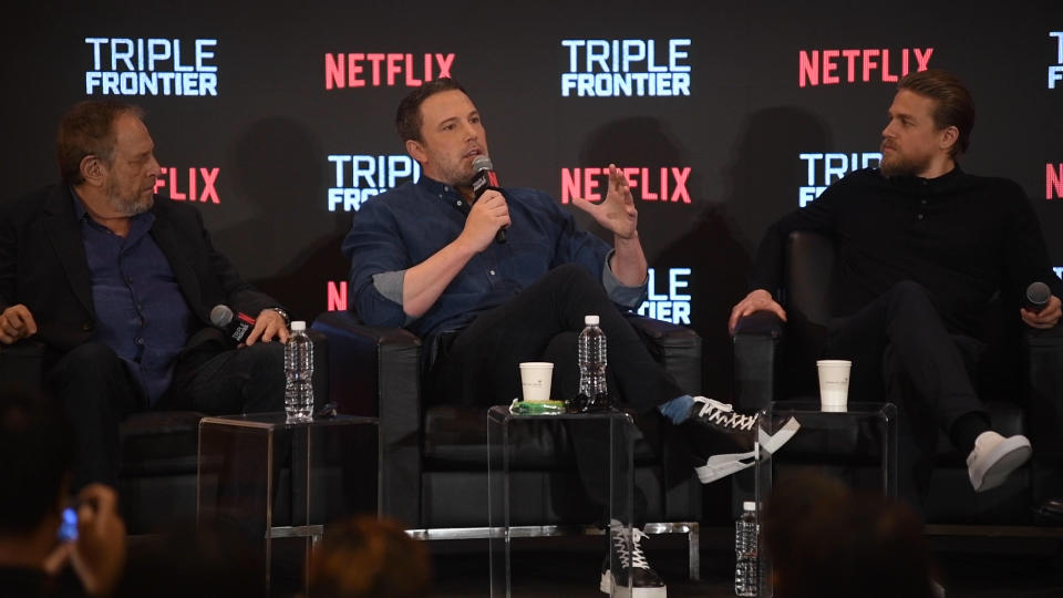 Producer Chuck Roven and cast members of “Triple Frontier” Ben Affleck and Charlie Hunnam at a press conference with Asian media on 9 March 2019 at Marina Bay Sands. (Photo: Iman Hashim for Yahoo Lifestyle Singapore)