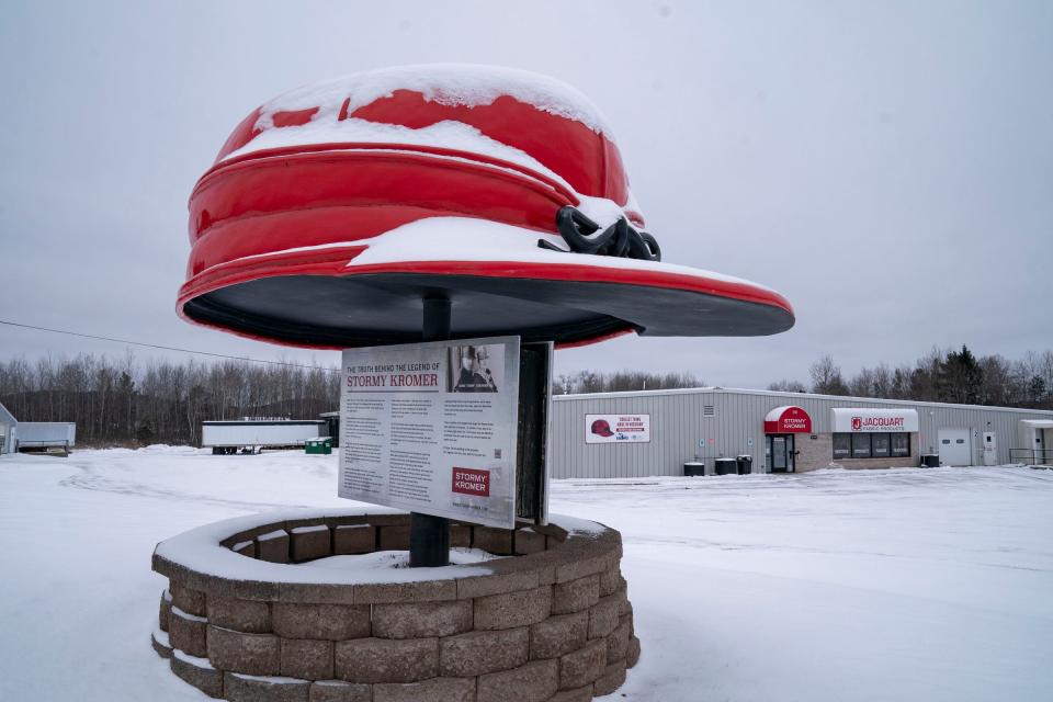 A huge fiberglass sculpture of the iconic Stormy Kromer hat sits in front of the Jacquart Fabric Products, home of Stormy Kromer, manufacturing facility in Ironwood on Thursday, Jan. 4, 2024.